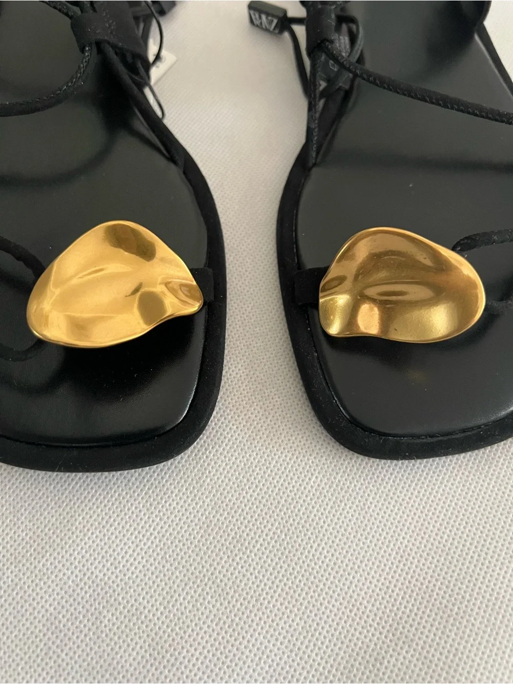 ZARA Black Lace-Up Sandals with Gold Toe Accent - Picture 9 of 9